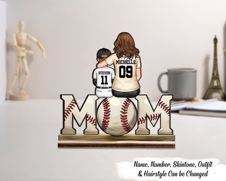 Baseball, Softball Mom And Kids Personalized Standing Wooden Plaque, Mother's Day Gift For Wife, Gift For Mom,Baseball Lover,Baseball Player