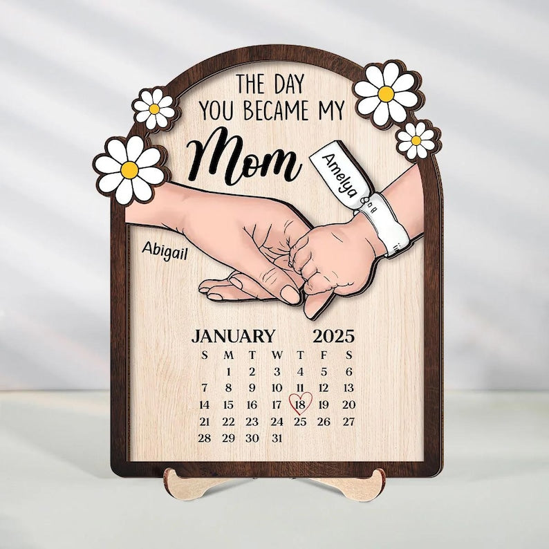 The Day You Became My Mom - Personalized Birth Date Calendar Wooden Plaque Gifts For New Mom, Mother's Day Gift, Gift For First Time Mom