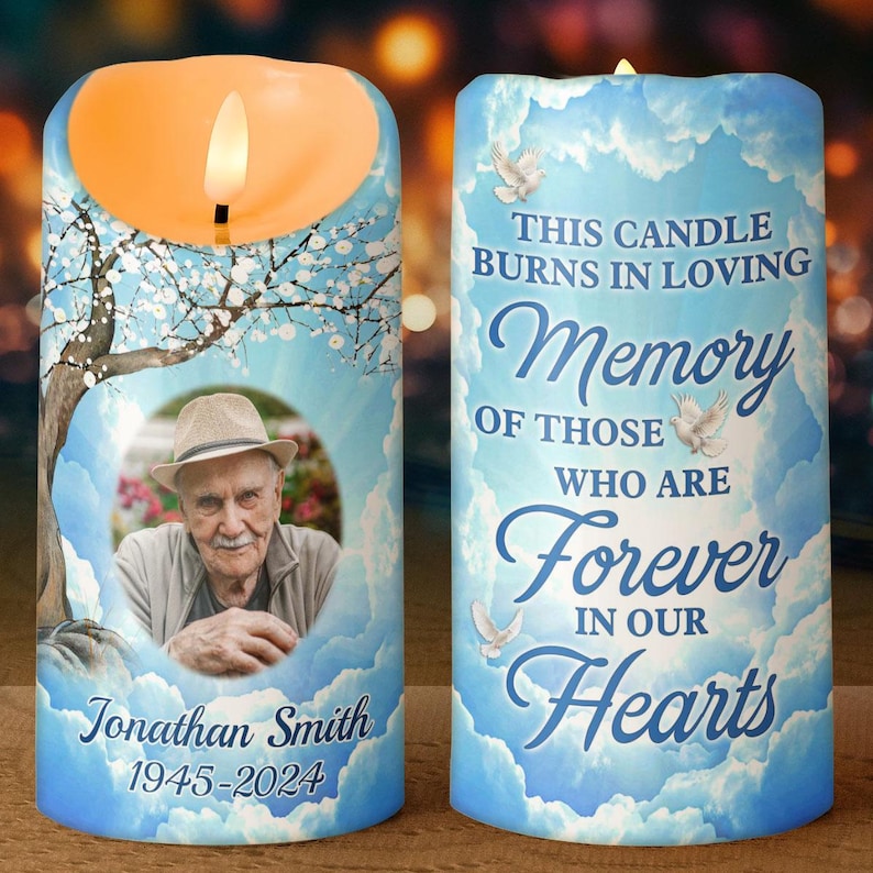 Forever In Our Hearts - Candle Light Custom Memorial Photo Candle, Personalized Upload Photo Remembrance Candle LED Light