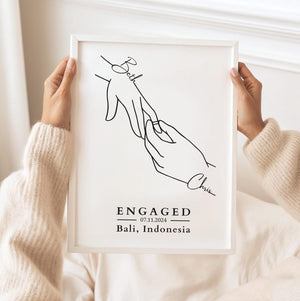 Personalised Engagement Hands Line Art Print, Custom Couple Gift, Engaged Keepsake Frame (No Frame)