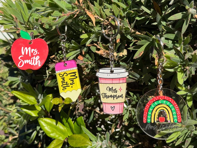 Custom Teacher Keychain, Pencil, Apple, Rainbow, Coffee Shapes, Cute Teacher Appreciation Gift, Personalized Teacher Graduation Gift