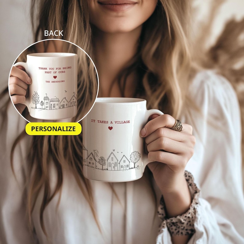 It Takes a Village Mug, Personalized Thank You Gift for Teacher Appreciation Gift, Babysitter Thank You, Gift for Nanny Thank You Coach