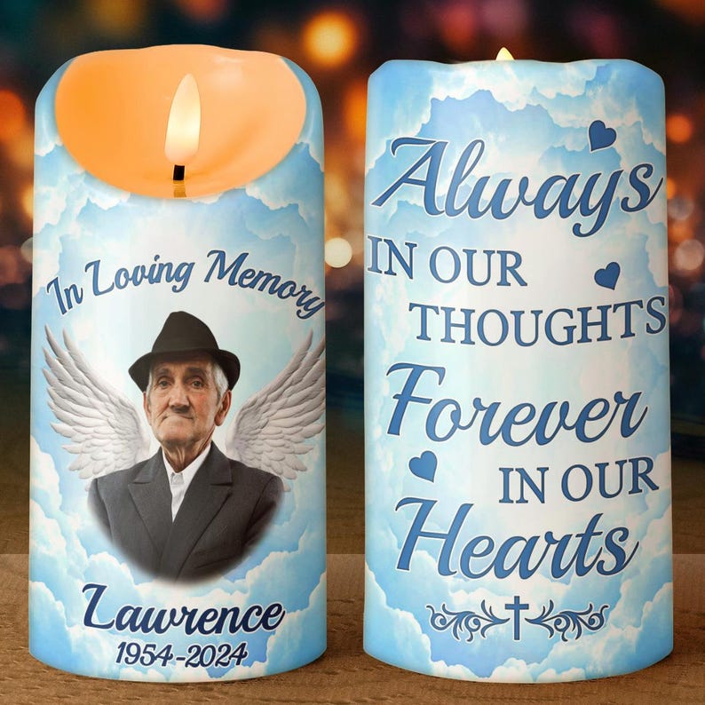In Loving Memory - Candle Light Custom Memorial Photo Candle, Personalized Upload Photo Remembrance Candle LED Light