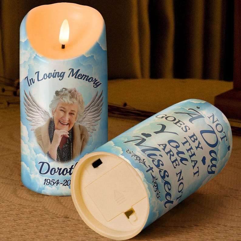 In Loving Memory - Candle Light Custom Memorial Photo Candle, Personalized Upload Photo Remembrance Candle LED Light
