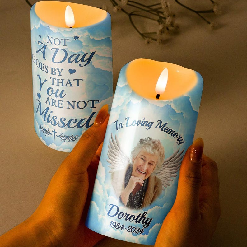 In Loving Memory - Candle Light Custom Memorial Photo Candle, Personalized Upload Photo Remembrance Candle LED Light