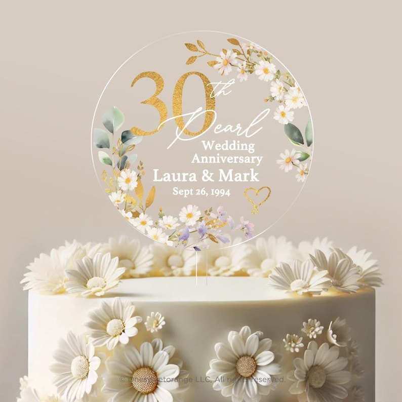 Pearl Anniversary Cake Topper 30th Anniversary Cake Topper Round Personalized Custom Anniversary Cake Topper 30th Anniversary Gift
