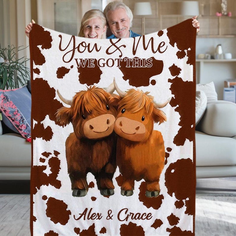 Personalized You and Me We Got This Highland Cow Couple Soft Throw Blanket with Name Anniversary Valentine's Day Birthday Gift for Couples