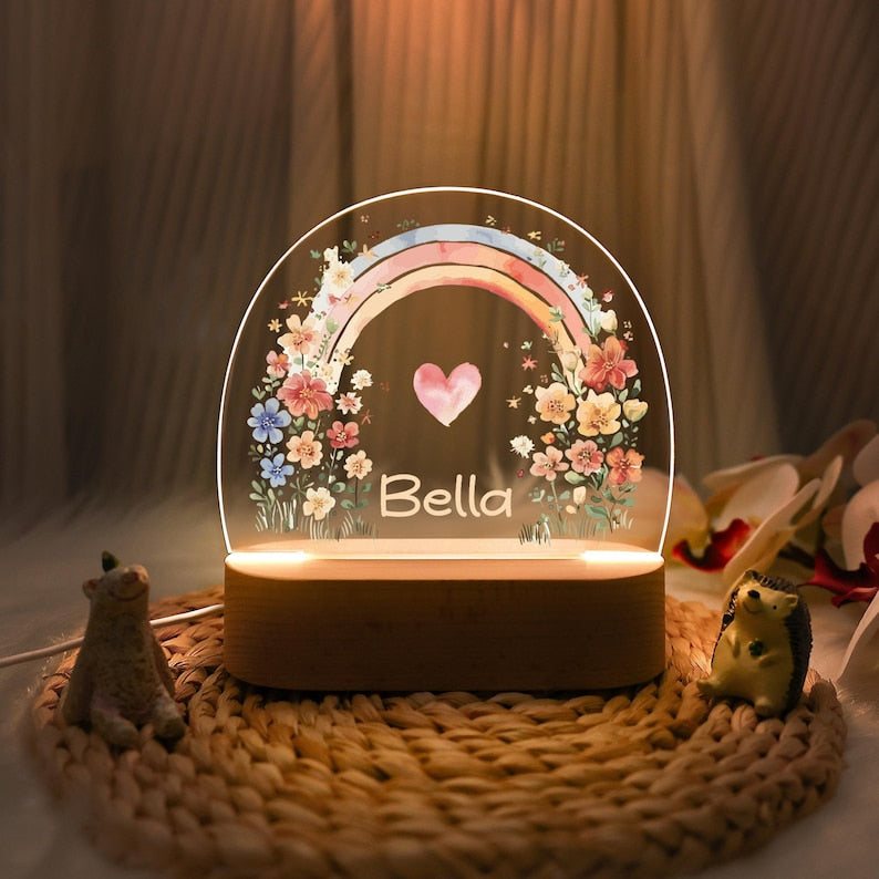Personalized Color Rainbow Night Light, Floral Plaque with Name, Baby Room Decor, Bedroom Lamp, Toddler Lamp, Baptism Gift, Baby Shower Gift