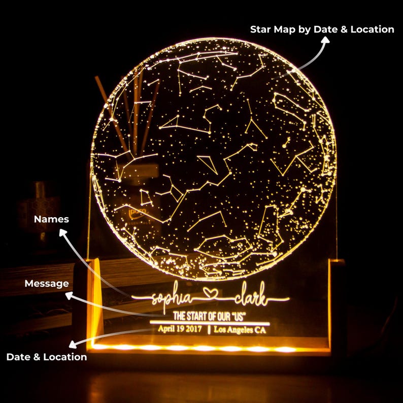 Personalized Star Map Night Light | Custom Night Sky Gift | Engagement Constellation Lamp | Anniversary Gift for Him & Her| Star Map by date