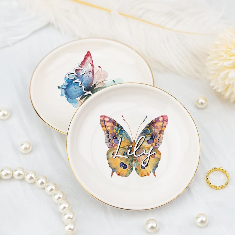 Personalized Butterfly Trinket Dish Watercolor Butterfly Ring Dish Jewelry Storage For Mom Wedding Gift For Friend Custom Name