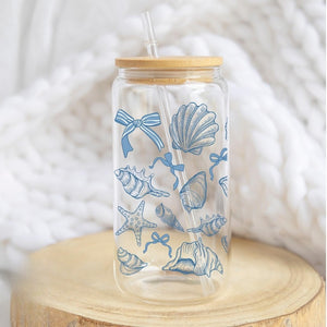 Blue Seashells Glass Tumbler Cup | Cute Beach Theme Iced Coffee Cup | 16 oz/20 oz | Summer Ice Coffee Libbey Cup Lid Straw