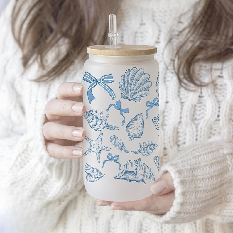 Blue Seashells Glass Tumbler Cup | Cute Beach Theme Iced Coffee Cup | 16 oz/20 oz | Summer Ice Coffee Libbey Cup Lid Straw