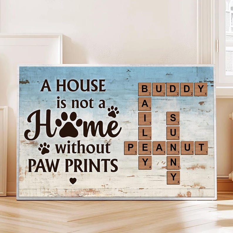 Personalized Crossword Puzzle Canvas, A House is not a Home Without Paw Prints, Family Names Framed Canvas, Gift for Pet Lover, Dog/Cat Gift