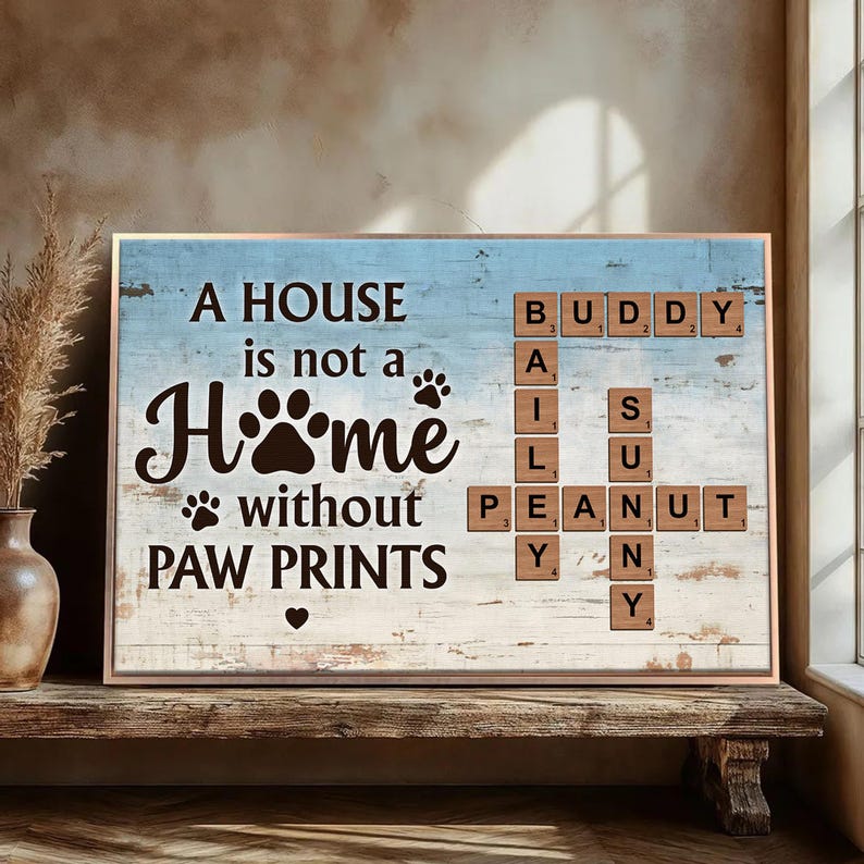 Personalized Crossword Puzzle Canvas, A House is not a Home Without Paw Prints, Family Names Framed Canvas, Gift for Pet Lover, Dog/Cat Gift