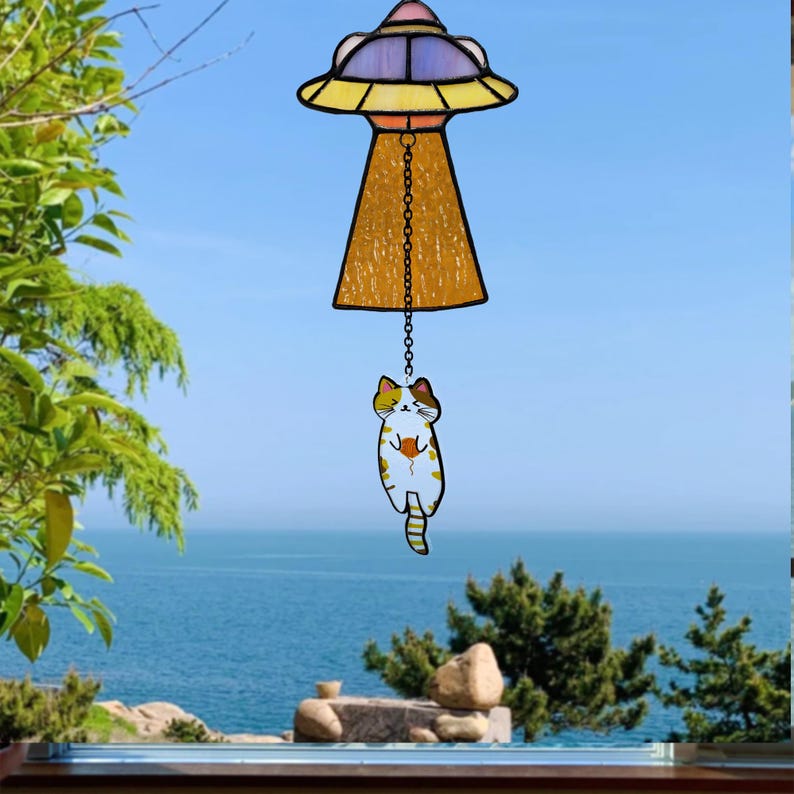 Stained Glass Cat UFO Suncatcher, Funny Abduction Cat Window Hanging Decor, Handmade Glass Alien Spaceship Gift, Cute Cat Lover Gift