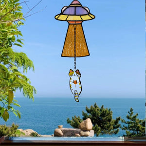 Stained Glass Cat UFO Suncatcher, Funny Abduction Cat Window Hanging Decor, Handmade Glass Alien Spaceship Gift, Cute Cat Lover Gift