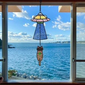 Stained Glass Cat UFO Suncatcher, Funny Abduction Cat Window Hanging Decor, Handmade Glass Alien Spaceship Gift, Cute Cat Lover Gift