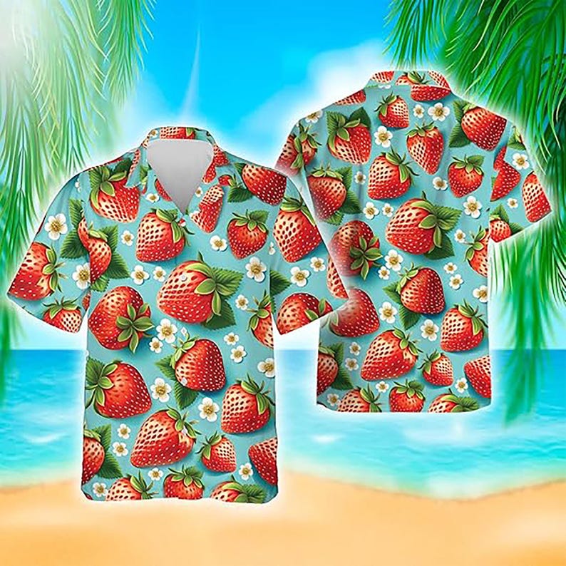 Fruit Hawaiian Shirt for Men, Tropical Strawberry, Kiwi, Avocado Shirt, Tropical Fruit Shirt Men, Upload Photo Summer Hawaiian Shirt, Beach Vacation Tee