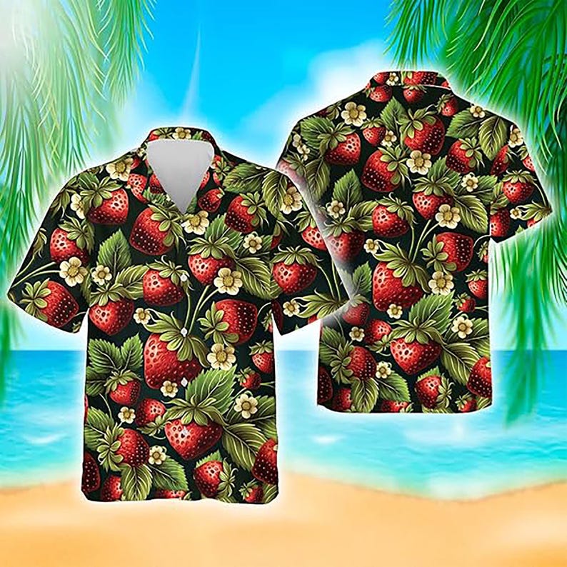 Fruit Hawaiian Shirt for Men, Tropical Strawberry, Kiwi, Avocado Shirt, Tropical Fruit Shirt Men, Upload Photo Summer Hawaiian Shirt, Beach Vacation Tee