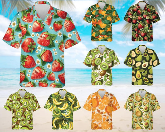 Fruit Hawaiian Shirt for Men, Tropical Strawberry, Kiwi, Avocado Shirt, Tropical Fruit Shirt Men, Upload Photo Summer Hawaiian Shirt, Beach Vacation Tee