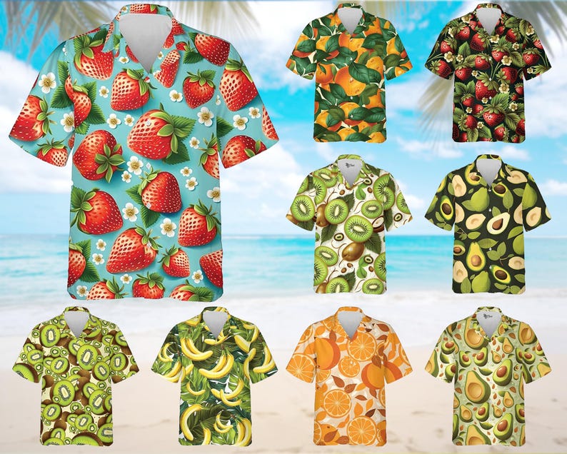 Fruit Hawaiian Shirt for Men, Tropical Strawberry, Kiwi, Avocado Shirt, Tropical Fruit Shirt Men, Upload Photo Summer Hawaiian Shirt, Beach Vacation Tee