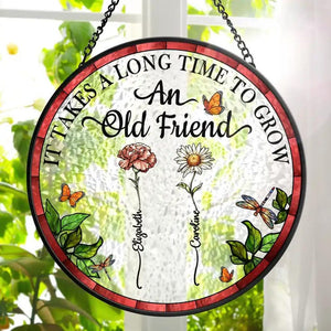 Birth Flower Grow An Old Friend Personalized Custom Stained Glass Window Hanging Suncatcher, Bestie, BFF, Friendship Gift, Custom Gifts 2025