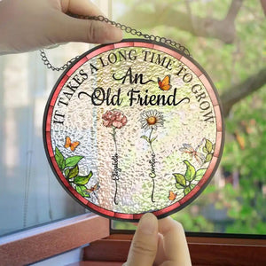 Birth Flower Grow An Old Friend Personalized Custom Stained Glass Window Hanging Suncatcher, Bestie, BFF, Friendship Gift, Custom Gifts 2025