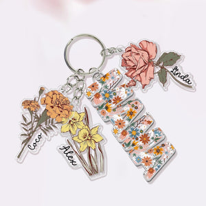 Personalized Mother's Day Gift For Mom, Custom Grandma Keychain With Birth Month Flowers Charm, Mama Keychain Gift From Kids, Grandma Gifts