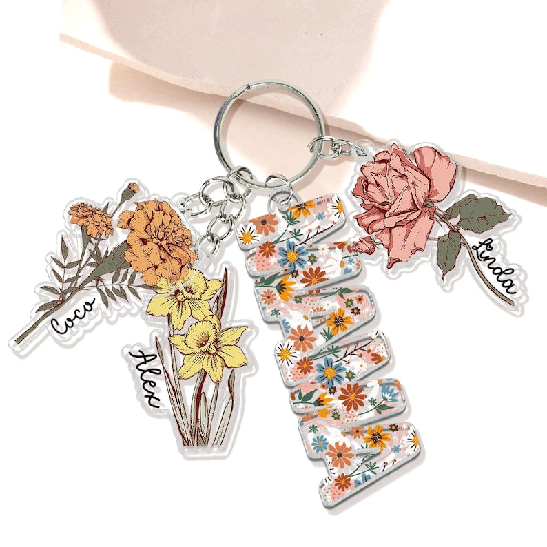 Personalized Mother's Day Gift For Mom, Custom Grandma Keychain With Birth Month Flowers Charm, Mama Keychain Gift From Kids, Grandma Gifts