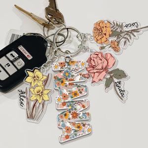 Personalized Mother's Day Gift For Mom, Custom Grandma Keychain With Birth Month Flowers Charm, Mama Keychain Gift From Kids, Grandma Gifts