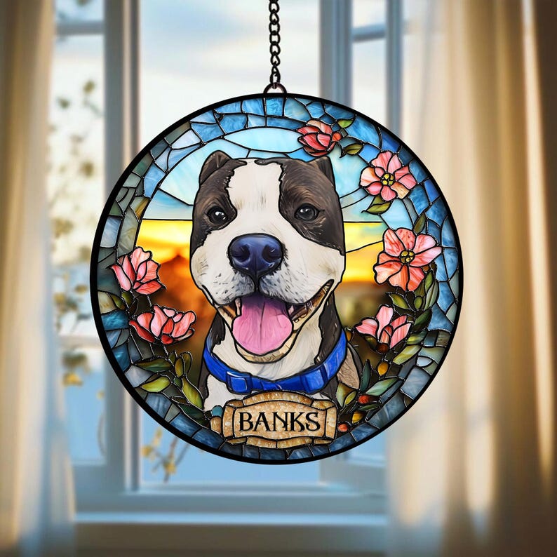 Custom Pet Portrait Stained Glass Suncatcher, Stained Glass Dog Memorial, Custom Dog Portrait from Photo, Pet Memorial Gift, Window hangings