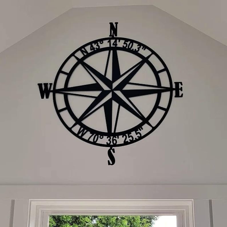 Nautical Compass Rose Metal Wall Art with GPS Coordinates