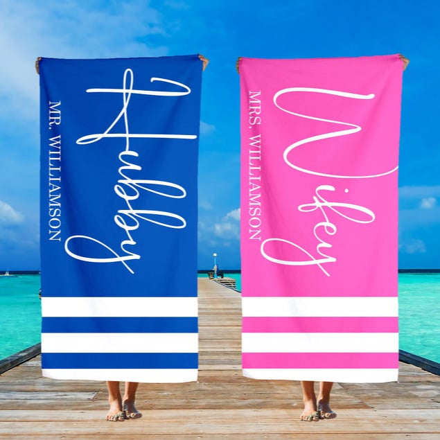 Wifey Hubby Beach Towel, Mr. And Mrs. Beach Towel, Honeymoon Gifts, Custom Couple Towel, Personalized Wedding Gift, Just Married Gift