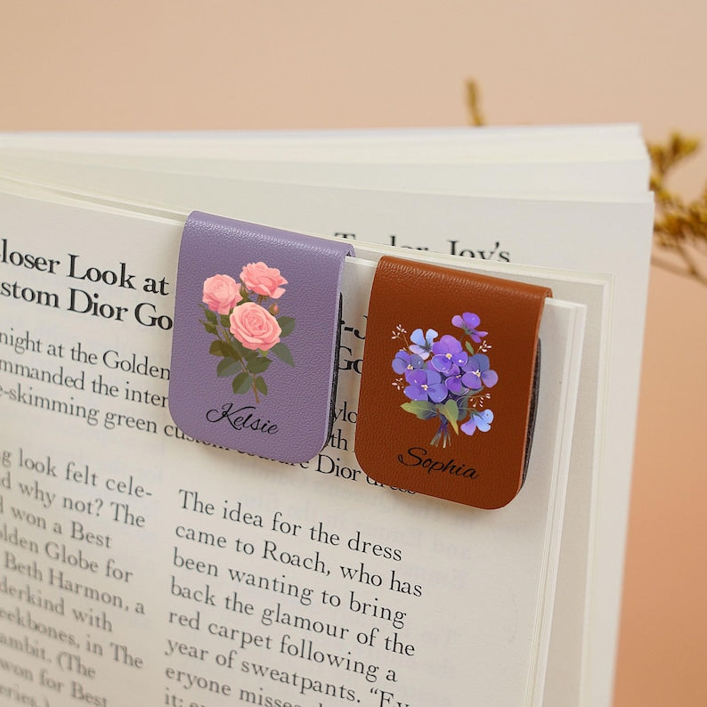 Leather bookmark with birth flower, personalized leather magnetic bookmark, custom name bookmark, birthday gift for book lovers