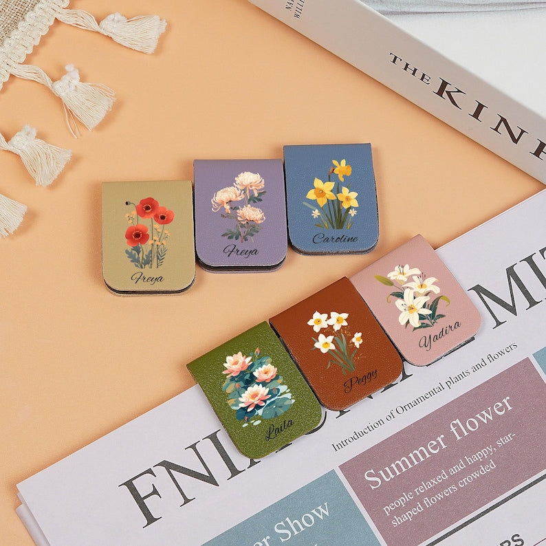 Leather bookmark with birth flower, personalized leather magnetic bookmark, custom name bookmark, birthday gift for book lovers