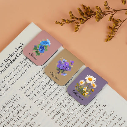 Leather bookmark with birth flower, personalized leather magnetic bookmark, custom name bookmark, birthday gift for book lovers