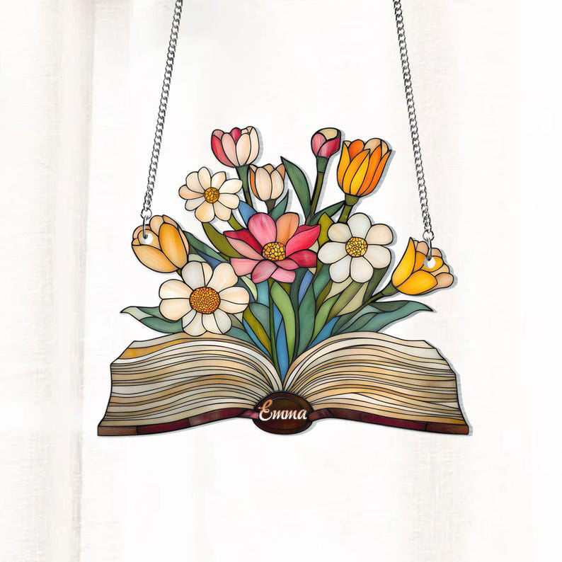 Flower Book Suncatcher, Floral Library Books Acrylic Window Hanging, Book Club Gift, Book Lover Gift, Librarian Gift, Book Exchange Gift