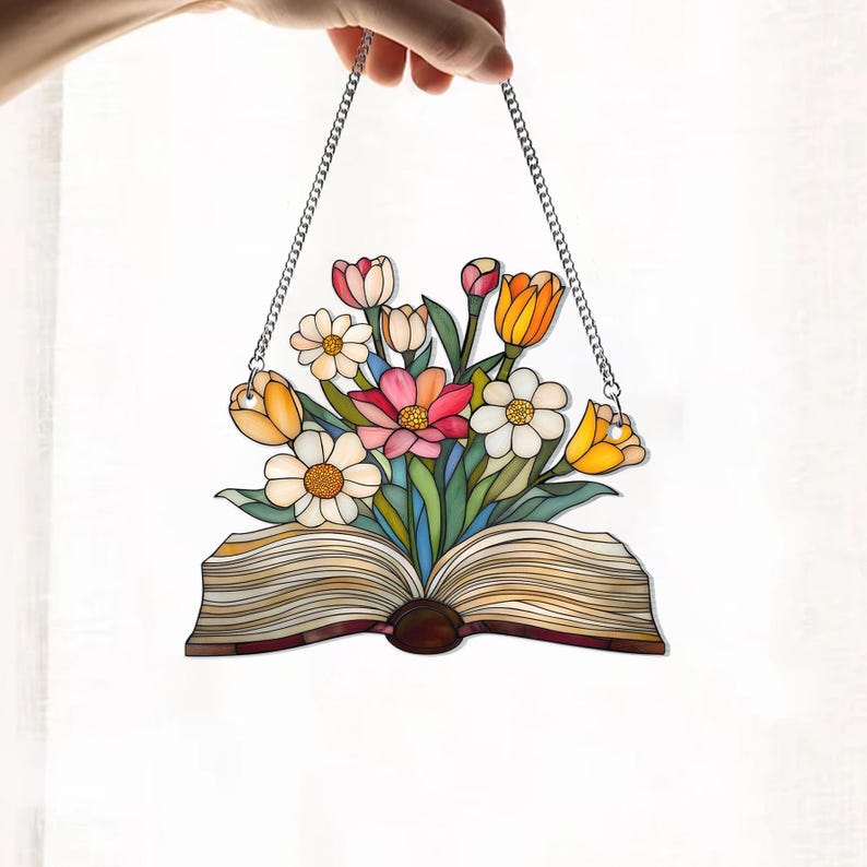Flower Book Suncatcher, Floral Library Books Acrylic Window Hanging, Book Club Gift, Book Lover Gift, Librarian Gift, Book Exchange Gift