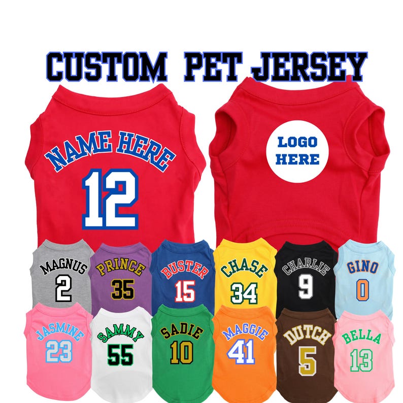 Custom Dog Jersey with Logo Personalize with Name, Number on Back and Sports Team Logo on Front for large and small dogs or cats