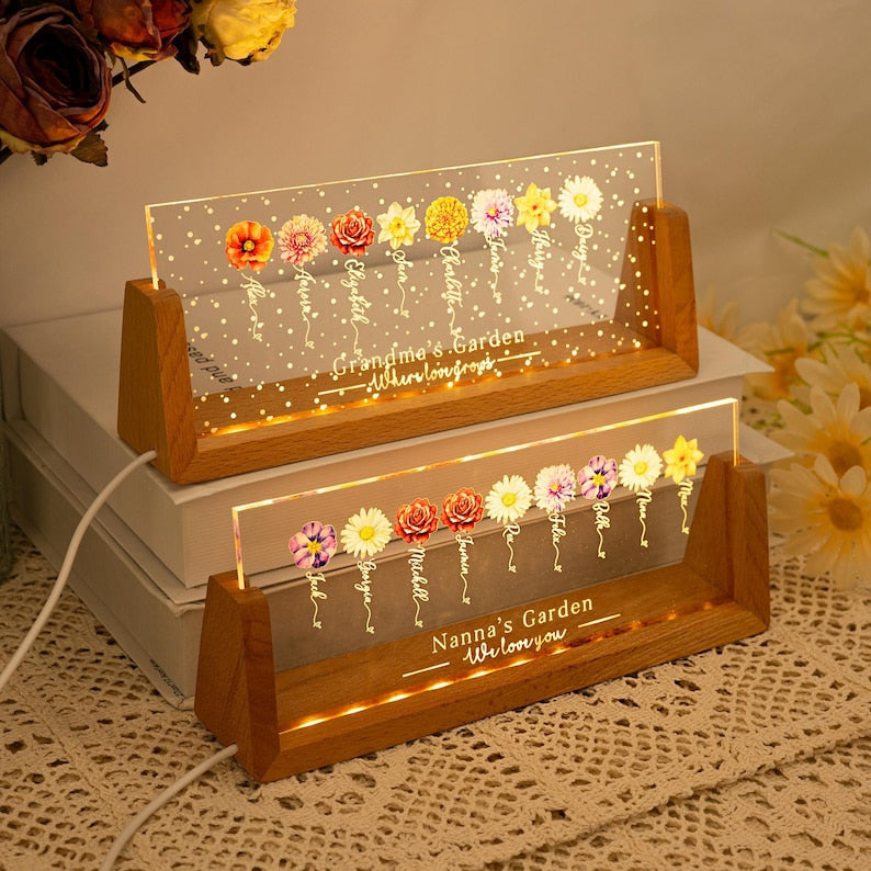 Custom Grandma's Garden Birth Month Flowers Night Light, Acrylic LED Light, Mother Lamp, Grandma Gift from Grandkids, Mother's Day Gift