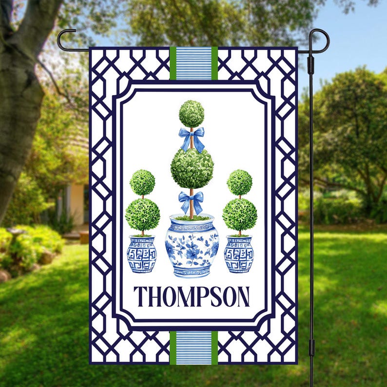 Personalized Chinoiserie Topiary Flag, Custom Family Name Flag, Preppy Blue and White Flag, Grandmillennial Flag, Traditional Classic Flag