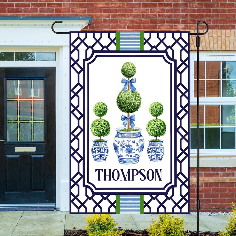 Personalized Chinoiserie Topiary Flag, Custom Family Name Flag, Preppy Blue and White Flag, Grandmillennial Flag, Traditional Classic Flag