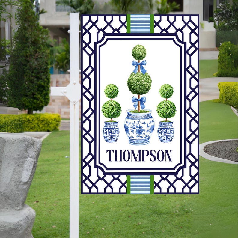 Personalized Chinoiserie Topiary Flag, Custom Family Name Flag, Preppy Blue and White Flag, Grandmillennial Flag, Traditional Classic Flag