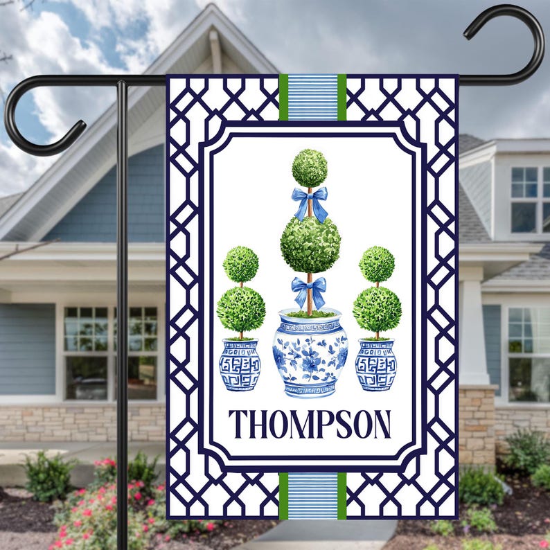 Personalized Chinoiserie Topiary Flag, Custom Family Name Flag, Preppy Blue and White Flag, Grandmillennial Flag, Traditional Classic Flag