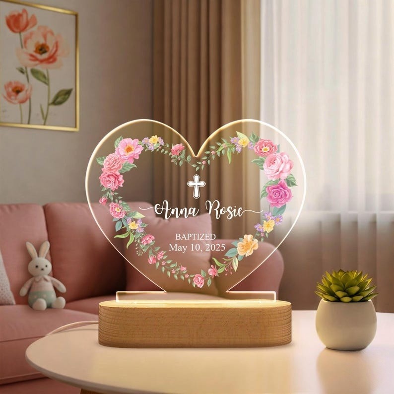Personalized Baptism Gift Night Light - Floral Heart LED Lamp for Baby Girl, Custom Baptism Gift for Kids, Baby Girl Nursery Decor