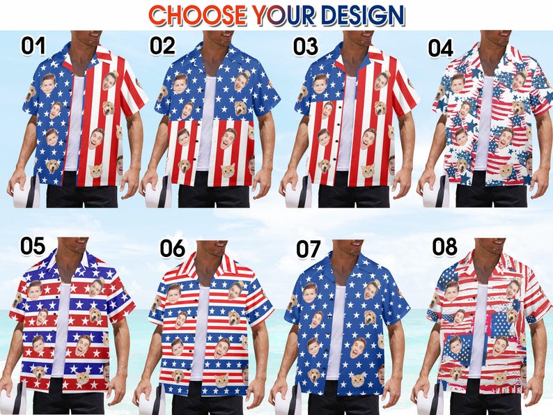 Custom American Flag Hawaiian Shirt with Faces,Personalized Picture Summer Shirt,Custom 4th of July shirt,Kid Photo Hawaiian Shirt for Dad