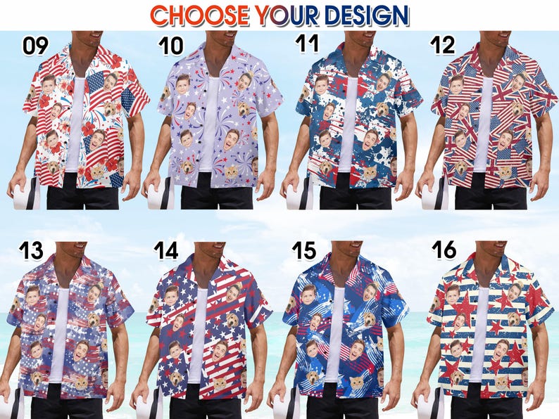 Custom American Flag Hawaiian Shirt with Faces,Custom Independence Day Shirts Men,Personalized Summer Party Shirt,Custom 4th of July gifts