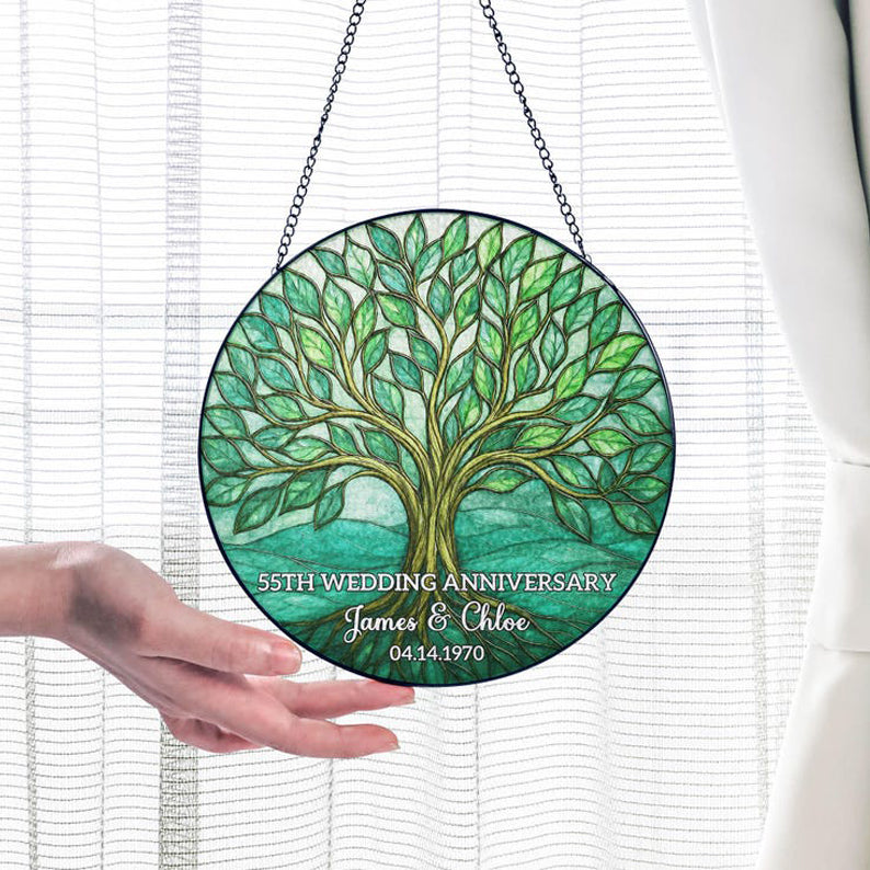 Personalized 55th Wedding Anniversary Gift, 55th Emerald Anniversary Glass Suncatcher, Tree of Life Window Hanging, 55th Anniversary Gift