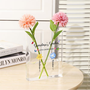 Book Shaped Acrylic Vase for Flowers, Personalized Birth Flower Vase for Mom Grandma, Custom Kids Name Clear Vase, Mothers Day Gift