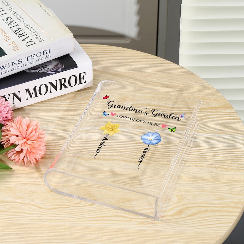 Book Shaped Acrylic Vase for Flowers, Personalized Birth Flower Vase for Mom Grandma, Custom Kids Name Clear Vase, Mothers Day Gift